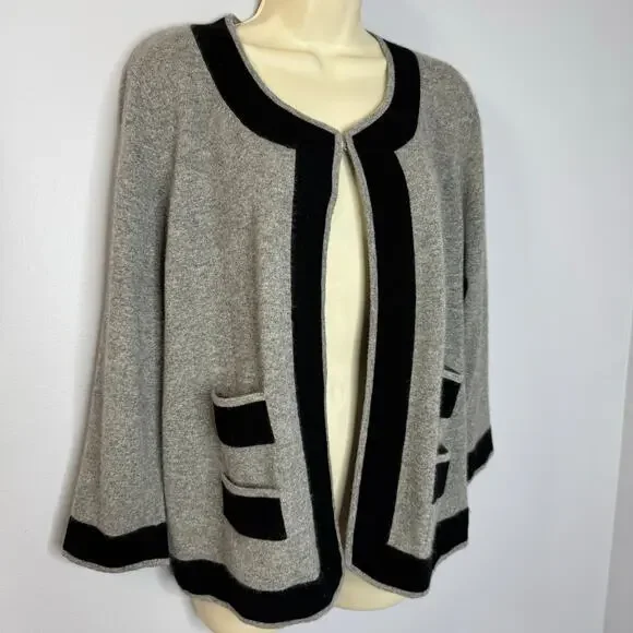 Neiman Marcus Cashmere Grey Black Trim Cardigan Sweater Feminist Luxury Womens L - Picture 3 of 9